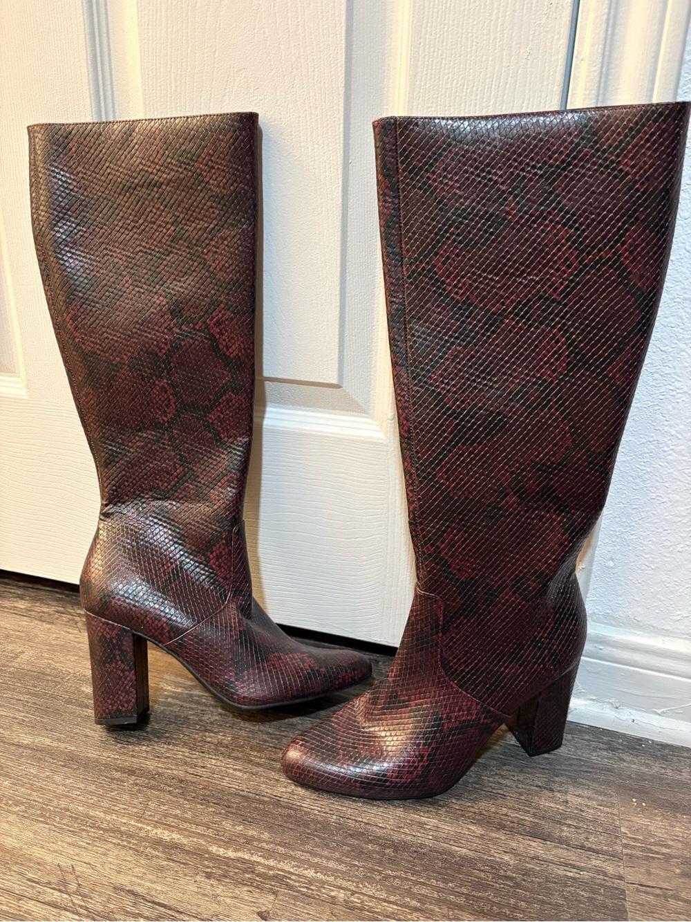 Tall Python-Print Block Heel Boots in Burgundy